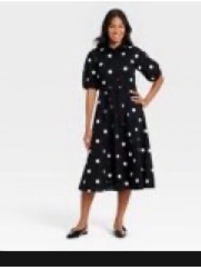 a new day Black Puff sleeve Midi Shirt Dress with White Polka Dots
